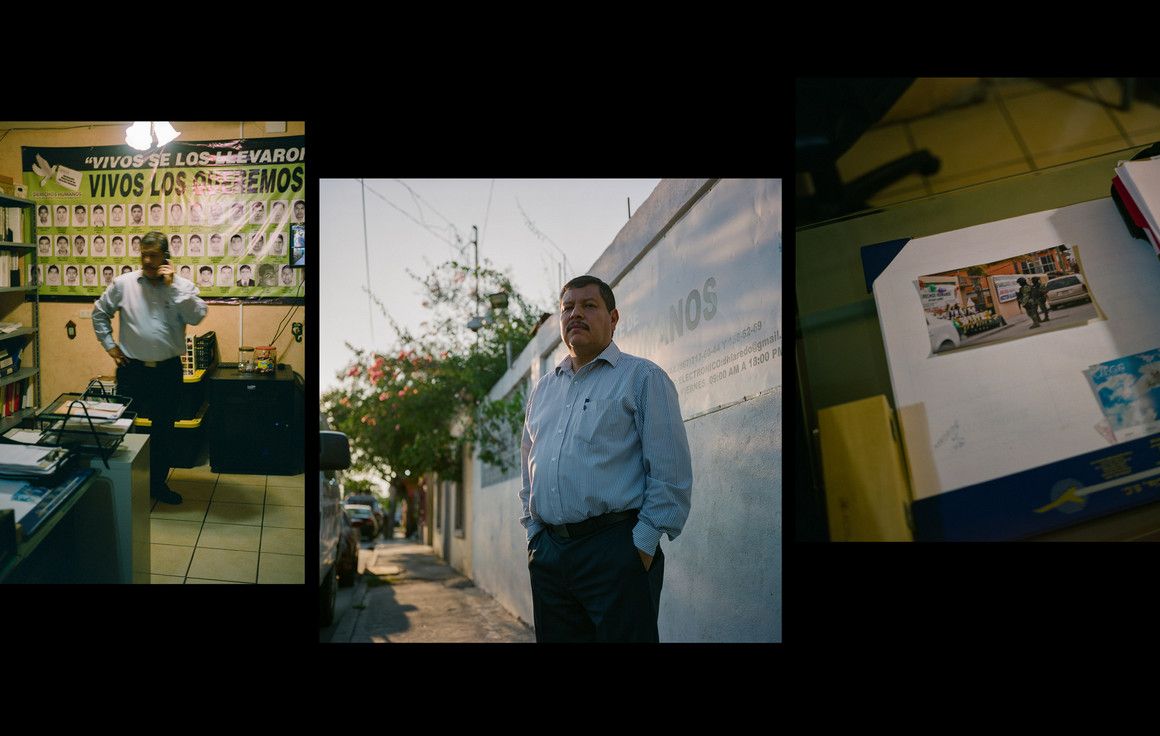 Left and middle: Raymundo Ramos. Right: A photo on Ramos's desk of Mexican Marines looking at an activist installation. Images by by Christopher Lee. Mexico, 2020.