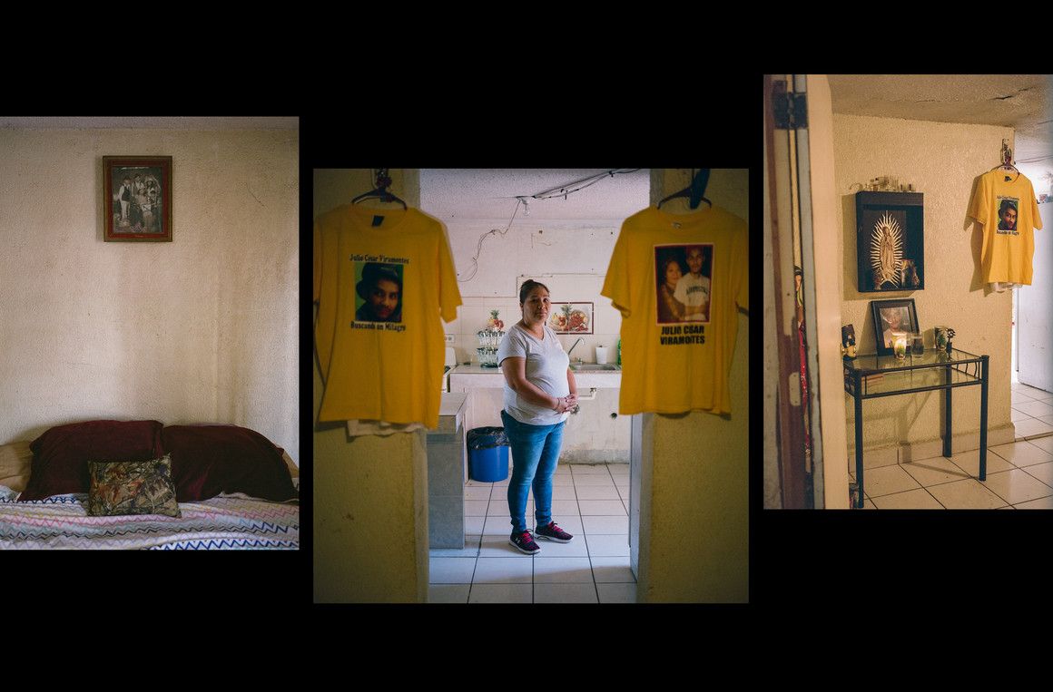 Erika Arredondo, photographed in her home in Nuevo Laredo, Mexico, on September 25, 2020, next to a memorial for her son Julio Cesar Viramontes Arredondo, who was kidnapped by the Mexican Marines. Image by by Christopher Lee. Mexico, 2020.