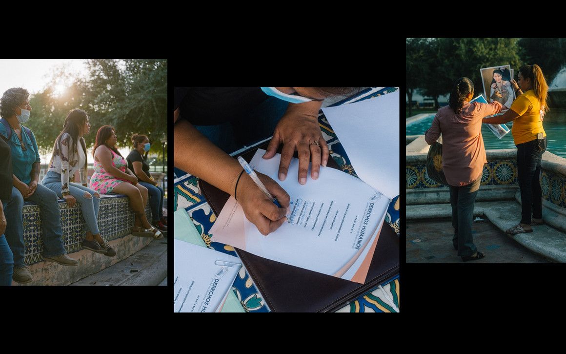 Activists are seen in Plaza Palabra during a signing of a document demanding a formal acknowledgement and apology for family members kidnapped by a special forces unit of the Mexican Marines that were trained and armed by the United States Department of Defense, in Nuevo Laredo, Mexico, on September 25, 2020. Image by by Christopher Lee. Mexico, 2020.