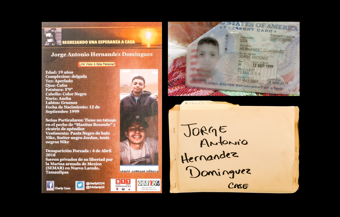 Left: A missing-person poster for Jorge Antonio Dominguez. Top right: Dominguez's U.S. passport card. Bottom right: A case folder of documents kept by Maria Elena Dominguez.