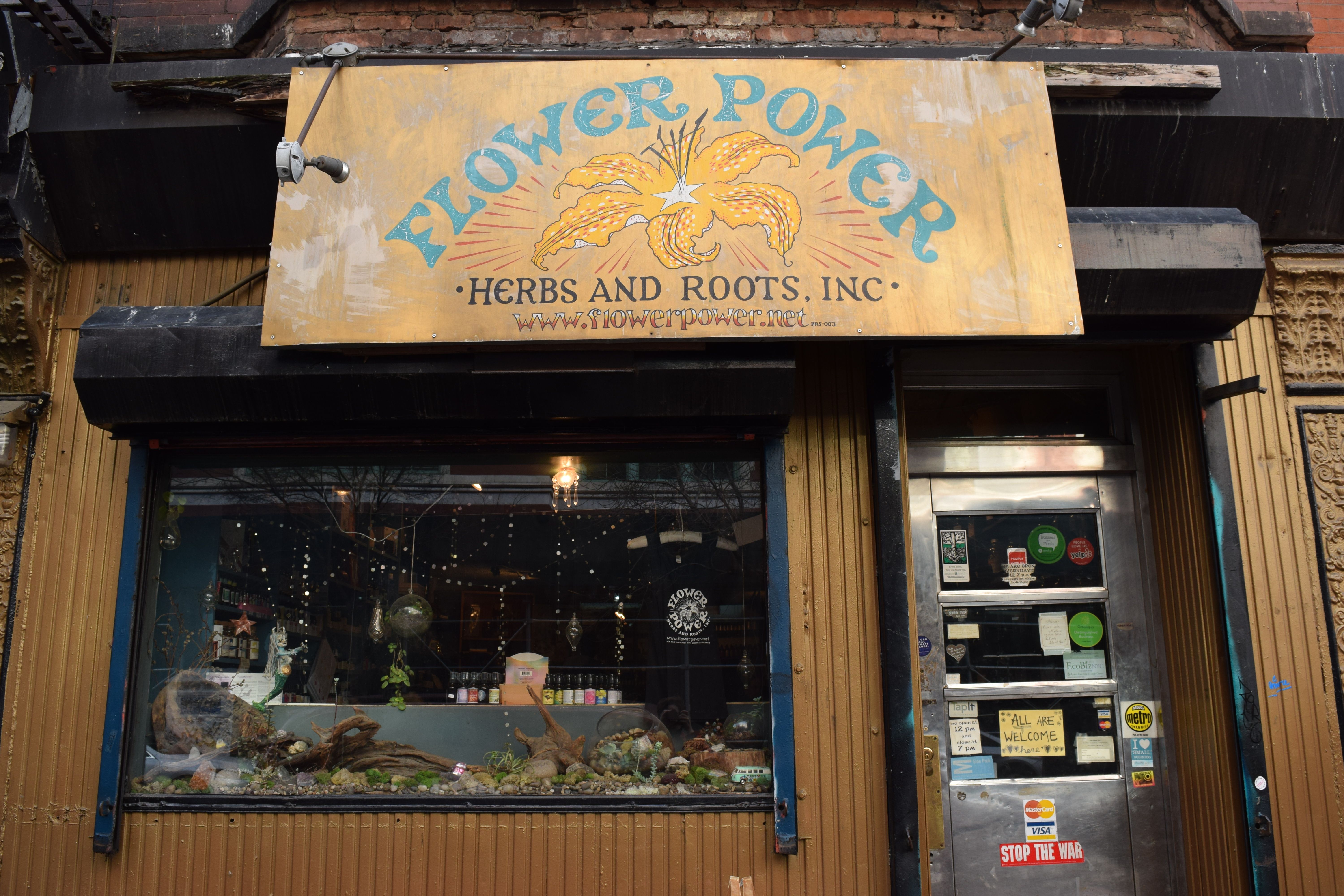 The storefront of Flower Power Herbs. Image by Claire Hogan. United States, 2019. 