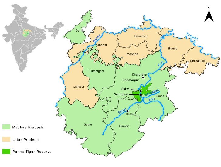 Note: District borders are based on Election Commission of India’s polling station locations, scraped by Datameet.org. Rivers from OpenStreetMap; Borders for Panna Tiger Reserve are from Protected Planet. 

