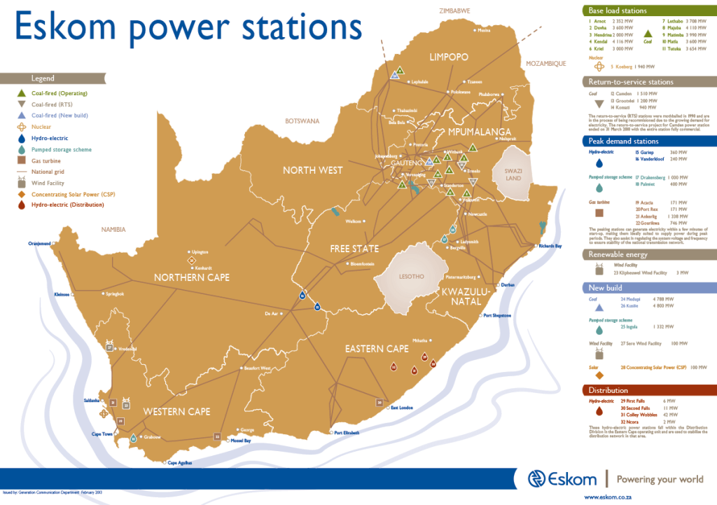 Roughly half of Eskom’s power stations are situated in Mpumalanga near major coal fields. About 83% of the utility’s 46,249MW capacity is currently generated by coal-fired power stations. Graphic courtesy of Eskom.