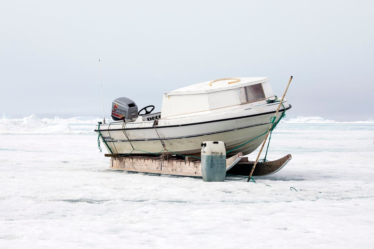 When the sea ice is not thick enough for dog sleds, hunters have to bring boats to be able to hunt and survive. Greenland, 2019. Image by Anna Filipova. 