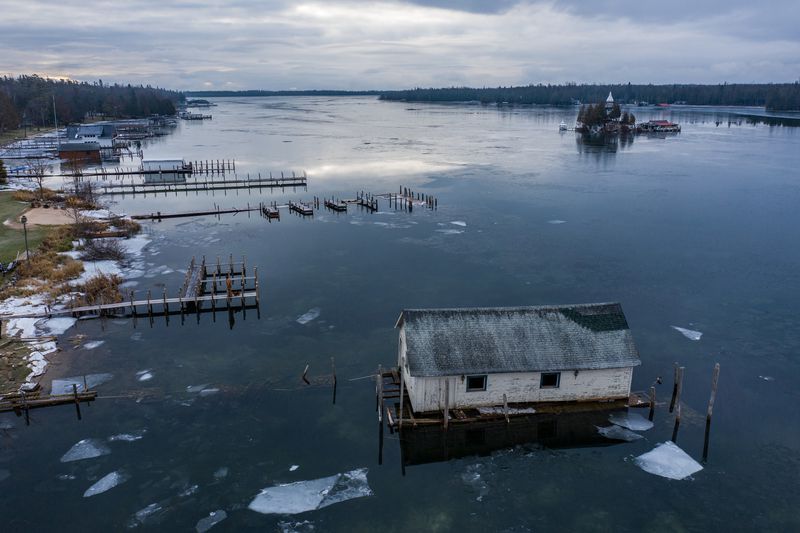 An aerial view of an old boathouse in Snows Channel at Les Cheneaux Islands in the Upper Peninsula of Michigan on Nov. 20, 2019. The dock has been dismantled or washed away. Image by Zbigniew Bzdak / Chicago Tribune. United States, 2020.