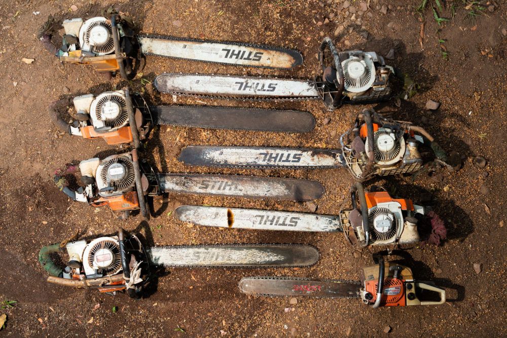 Chainsaws confiscated from loggers in the Phnom Tnout Phnom Pok Wildlife Sanctuary. Image by Sean Gallagher. Cambodia, 2020.
