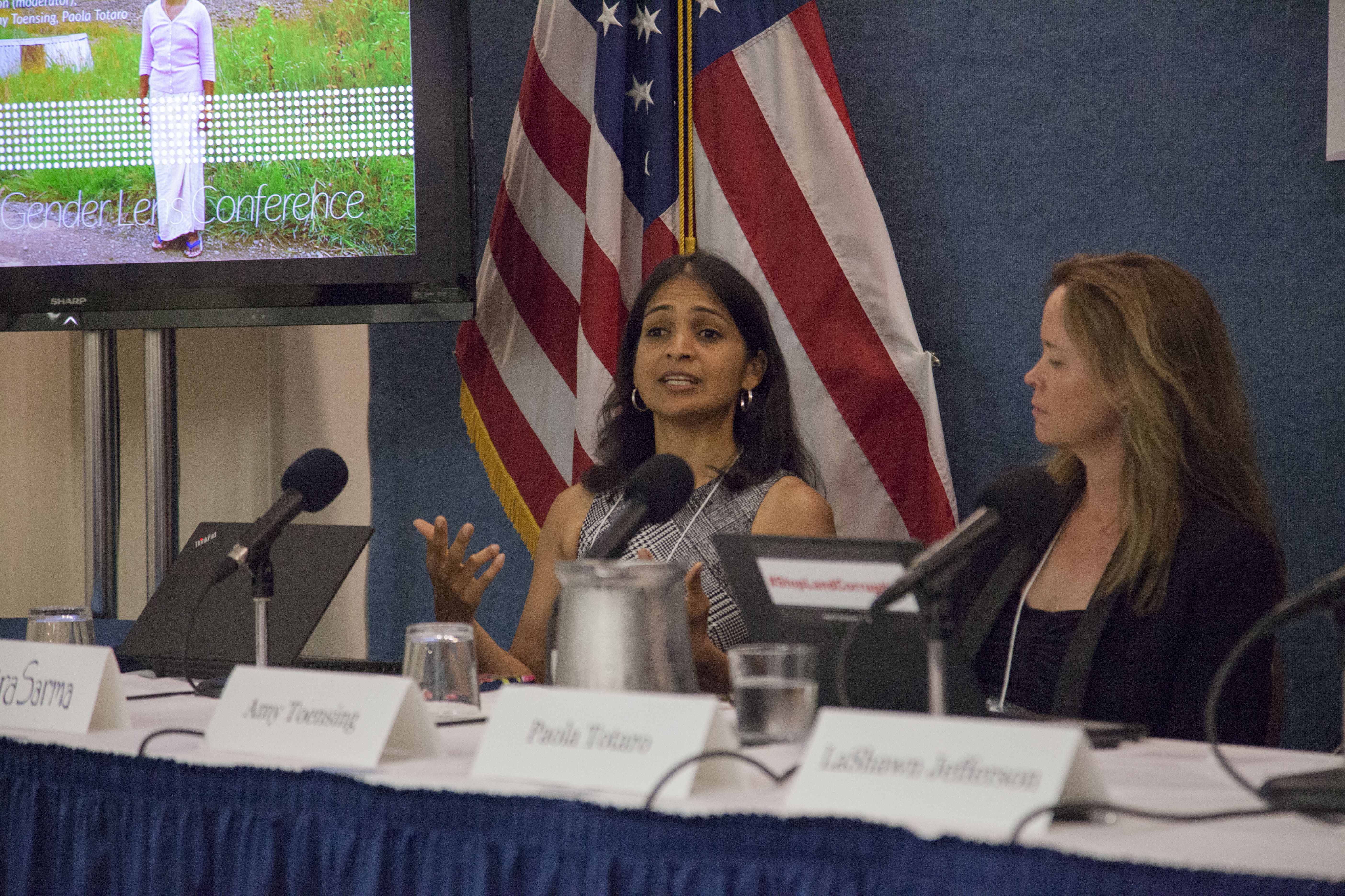 Gender Lens Property Rights panelist Indira Sarma talks about her work at Namati, an organization that helps widows gain legal representation and expertise to fight for their rights. Image by Jin Ding. United States, 2017.