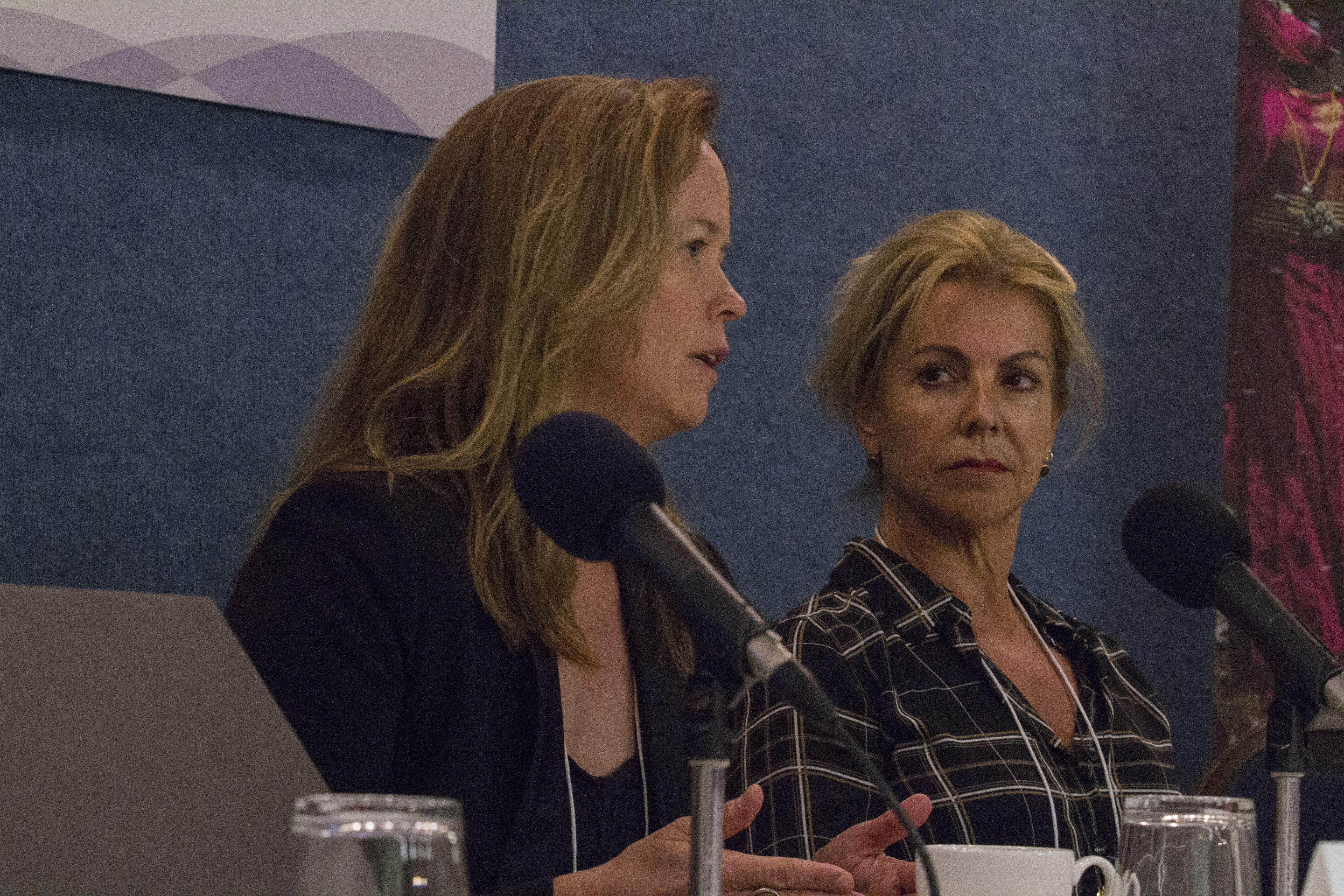 Property Rights panelists Amy Toensing and Paola Totaro discuss widows' land rights at Pulitzer Center Gender Lens. Image by Jin Ding. United States, 2017. 