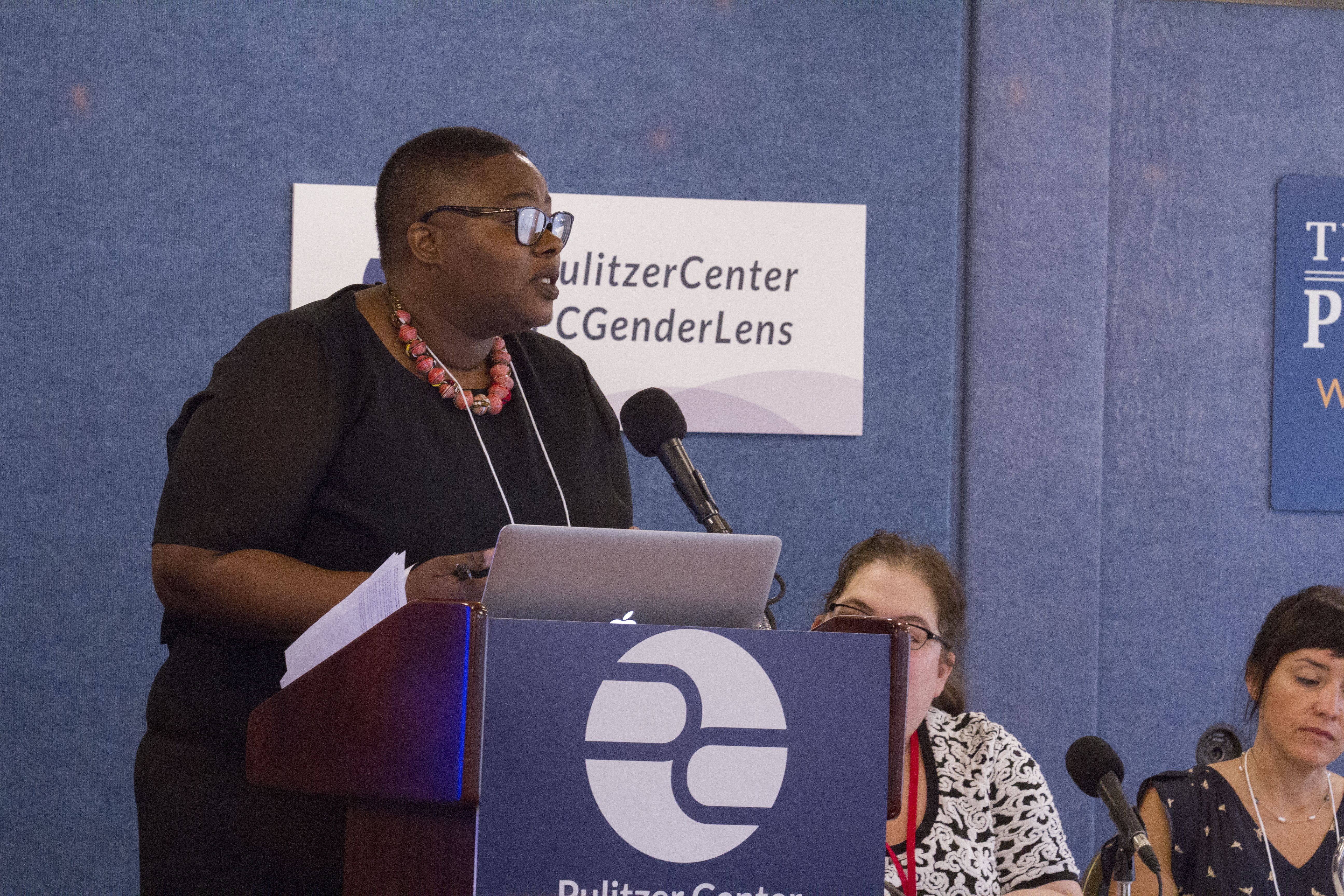 Caroline Kouassiaman talks about LGBTI health and sex ed initiatives in Kenya and Liberia at the Pulitzer Center Gender Lens Conference. Image by Jin Ding. United States, 2017. 