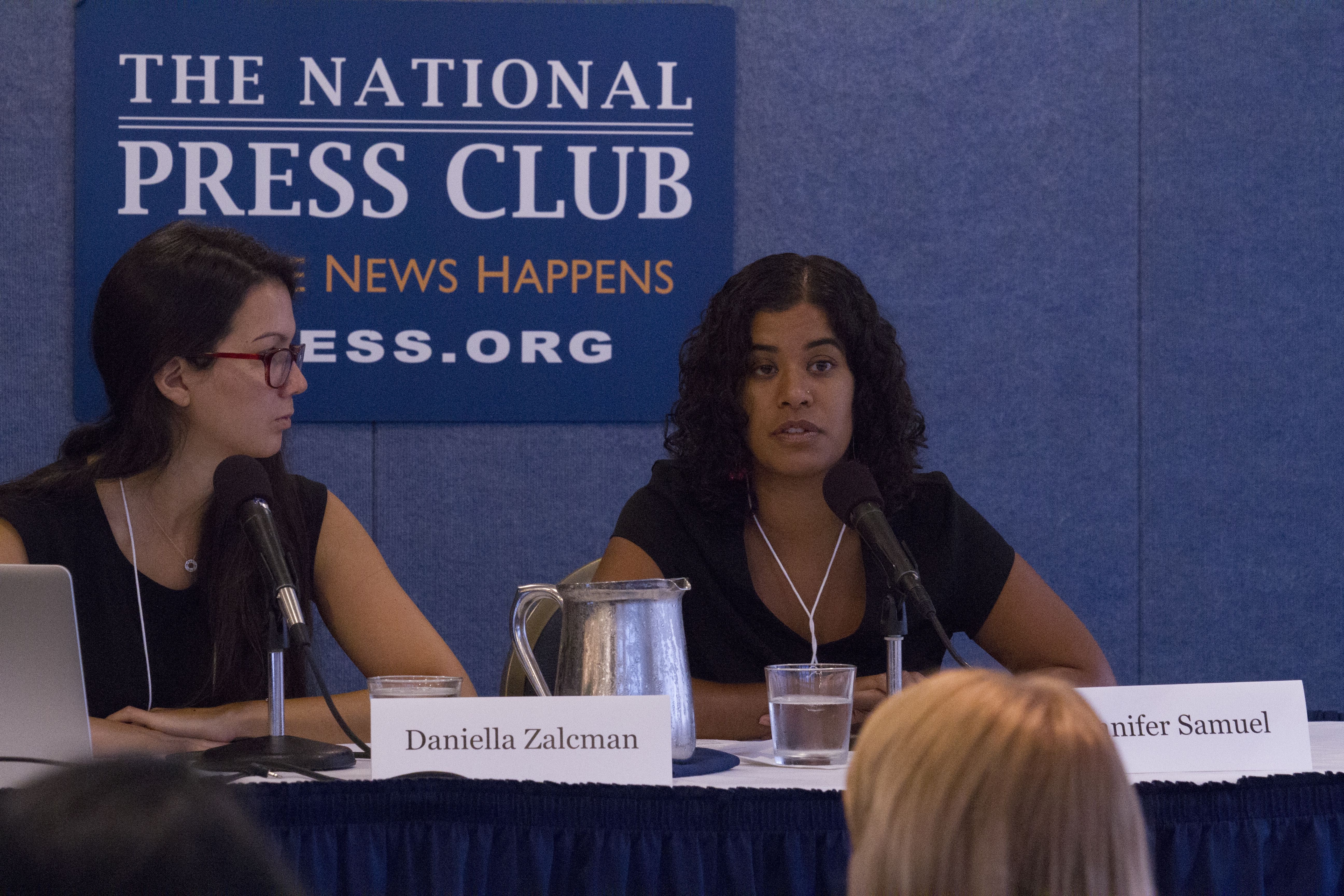 (Left to right) Daniella Zalcman and Jennifer Samuel present databases to help bring women photographers and photographers of color into view for photo editors at international outlets. Image by Jin Ding. United States, 2017.