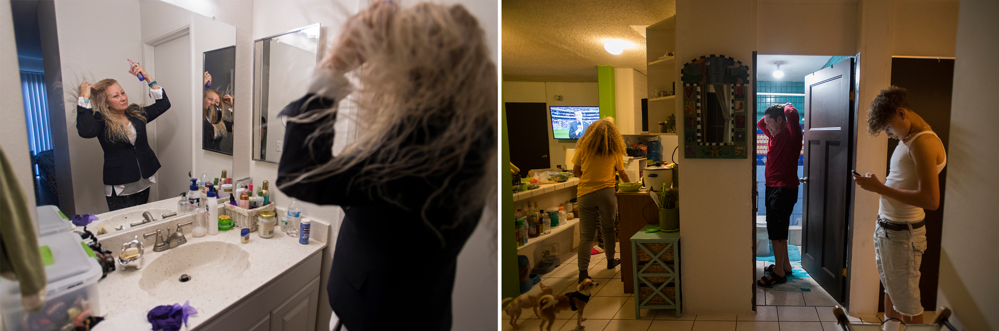 Enedis Flores gets ready for work in Chula Vista, Calif., on Nov. 27. At right, Ramon Flores, center, cleans up after work before for Thanksgiving dinner with his family in the apartment he rents in Tijuana, Mexico. Son Raymond, 15, checks his phone. Images by Amanda Cowan. United States / Mexico, 2019.