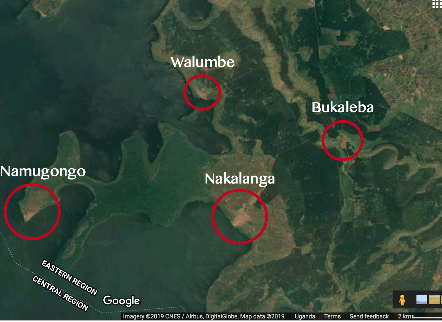 The four villages that exist within Bukaleba Forest Reserve along the shores of Lake Victoria. Source: Google Maps. Image courtesy of InfoNile.