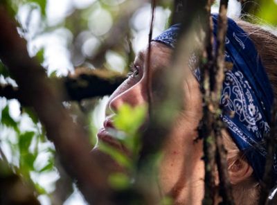 Hanna Mounce looks to the forest canopy in Hanawi for kiwikiu. Image by Nathan Eagle. United States, 2019.