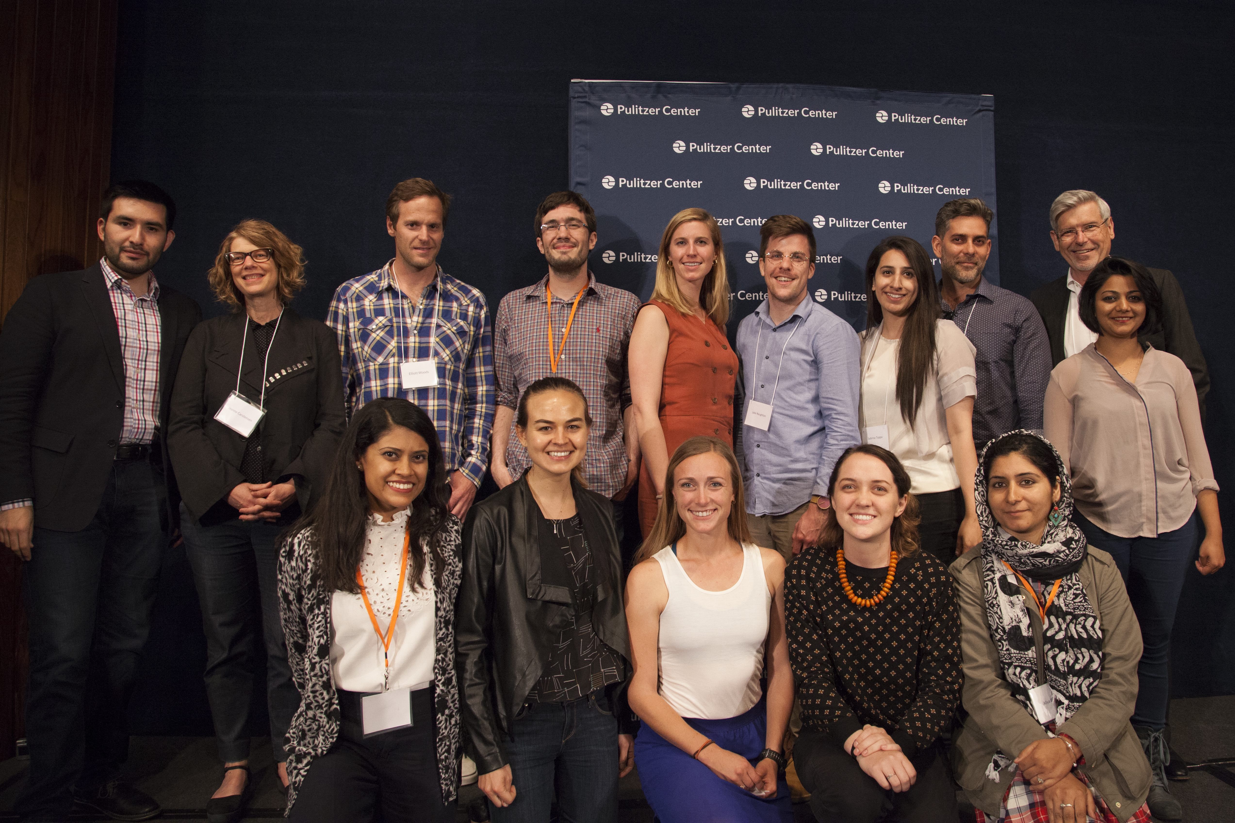 Freelancers who are participating in a Pulitzer Center-funded for a five-day hostile environment and first-aid training course beginning June 4, 2017, in Philadelphia, pose together at the Pulitzer Center Gender Lens Conference. Image by Jin Ding. United States, 2017.