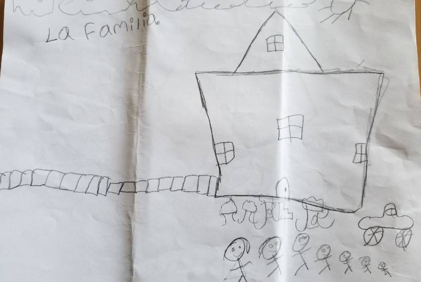 A drawing by Sandy's 8-year-old son, sent to his grandmother, Hilda, while he and his three siblings were detained at a migrant children's shelter. Image by Texas Tribune, Matamoros, 2018. 