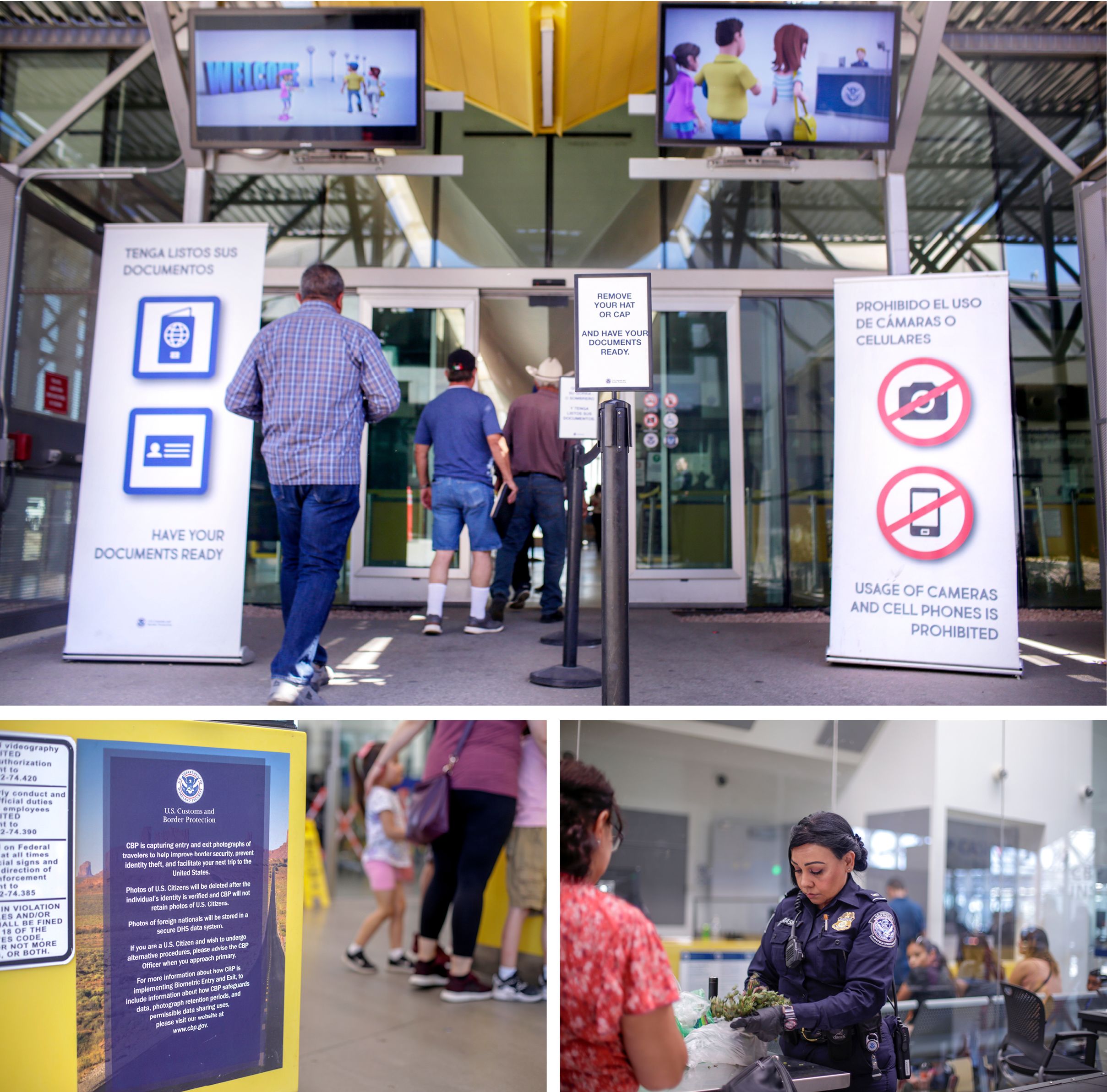 Top: A sign at the San Luis port-of-entry facility instructs travelers to take their hats off as they pass through customs into the United States. Hats can interfere with the new facial recognition technology the facility is using to confirm identities. Bottom Left: A sign explains how photos of border crossers are being used. Bottom right: A customs agent inspects a traveler’s bag. Image by Kathleen Flynn. United States, 2019. 