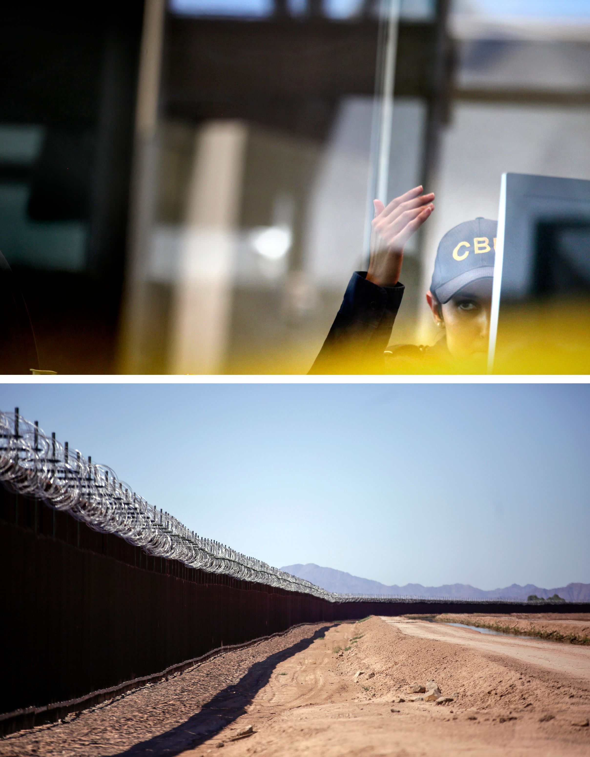 Top: A customs officer calls the next person to be screened at the San Luis border crossing. Bottom: The border wall near Yuma, Arizona. Image by Kathleen Flynn. United States, 2019.