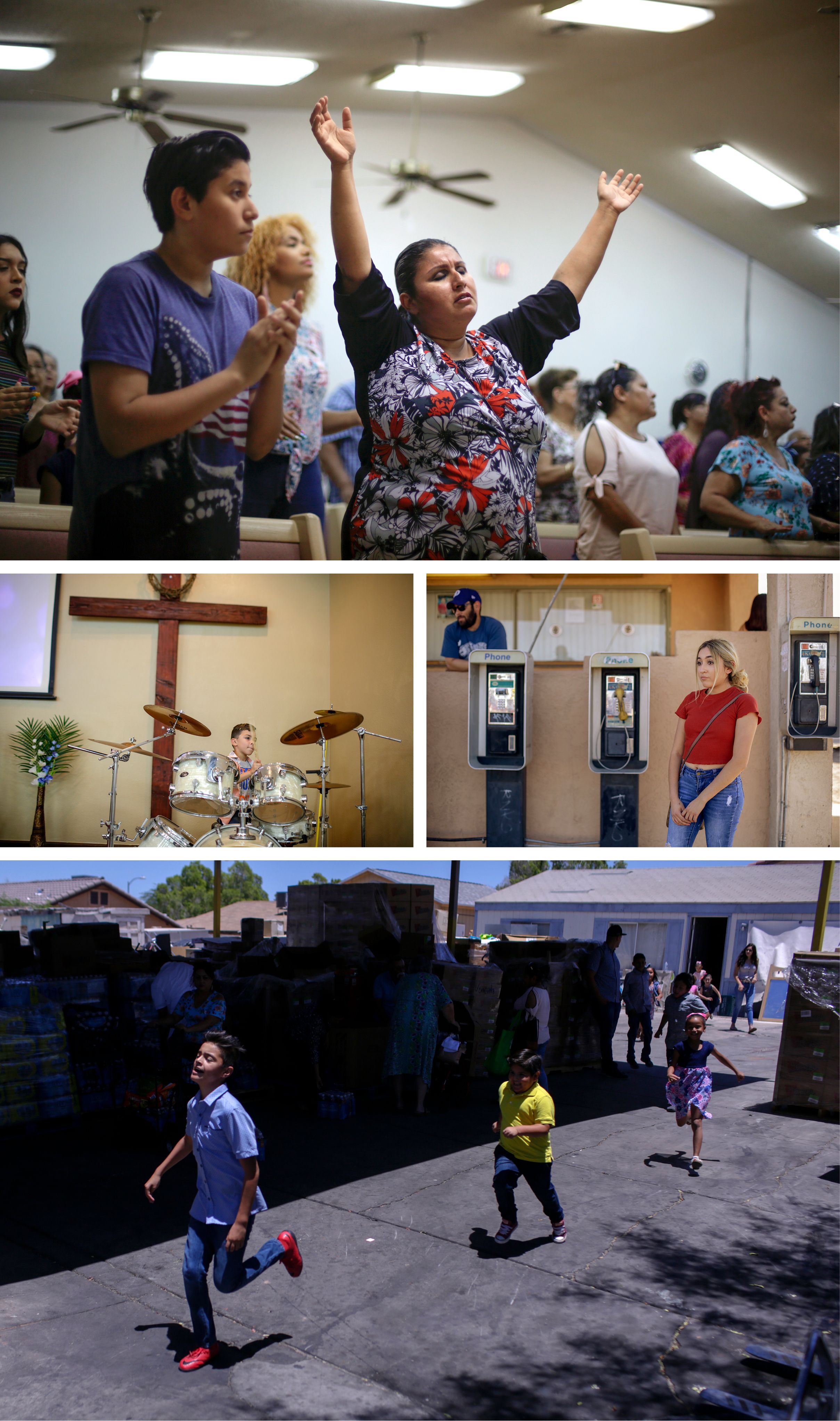 The lives of residents of San Luis, Arizona, and San Luis, Mexico, are deeply entwined. Top and middle left: Worshippers and musicians at Gethsemani Baptist Church in San Luis, Arizona. Middle right: Lupita Dominguez, who lives in Yuma, Arizona, waits for her boyfriend to drive across the border from Mexico. Bottom: Children play in the streets of San Luis, Arizona. Image by Kathleen Flynn. United States, 2019.