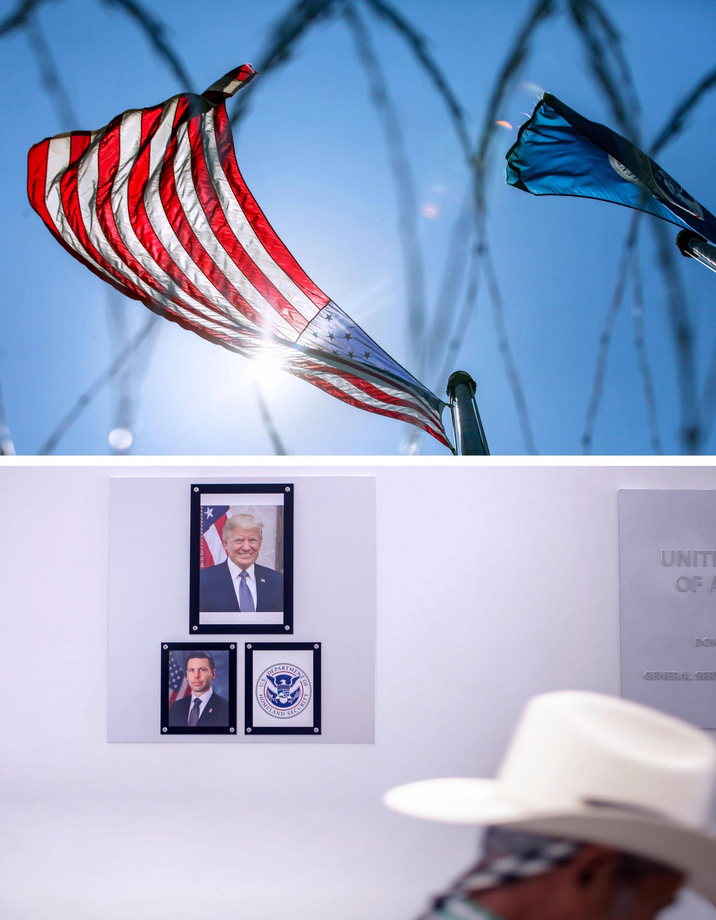 Top: A U.S. flag flies at the San Luis border crossing. Bottom: The wall travelers pass after entering the United States include portraits of President Donald Trump and acting Homeland Security Secretary Kevin McAleenan. Image by Kathleen Flynn. United States, 2019.