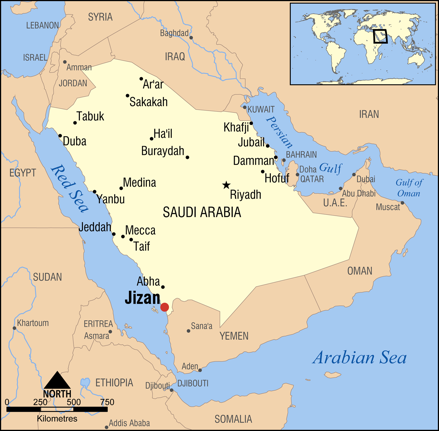 Map showing Jizan, Saudi Arabia—a final destination for many Ethiopians.
