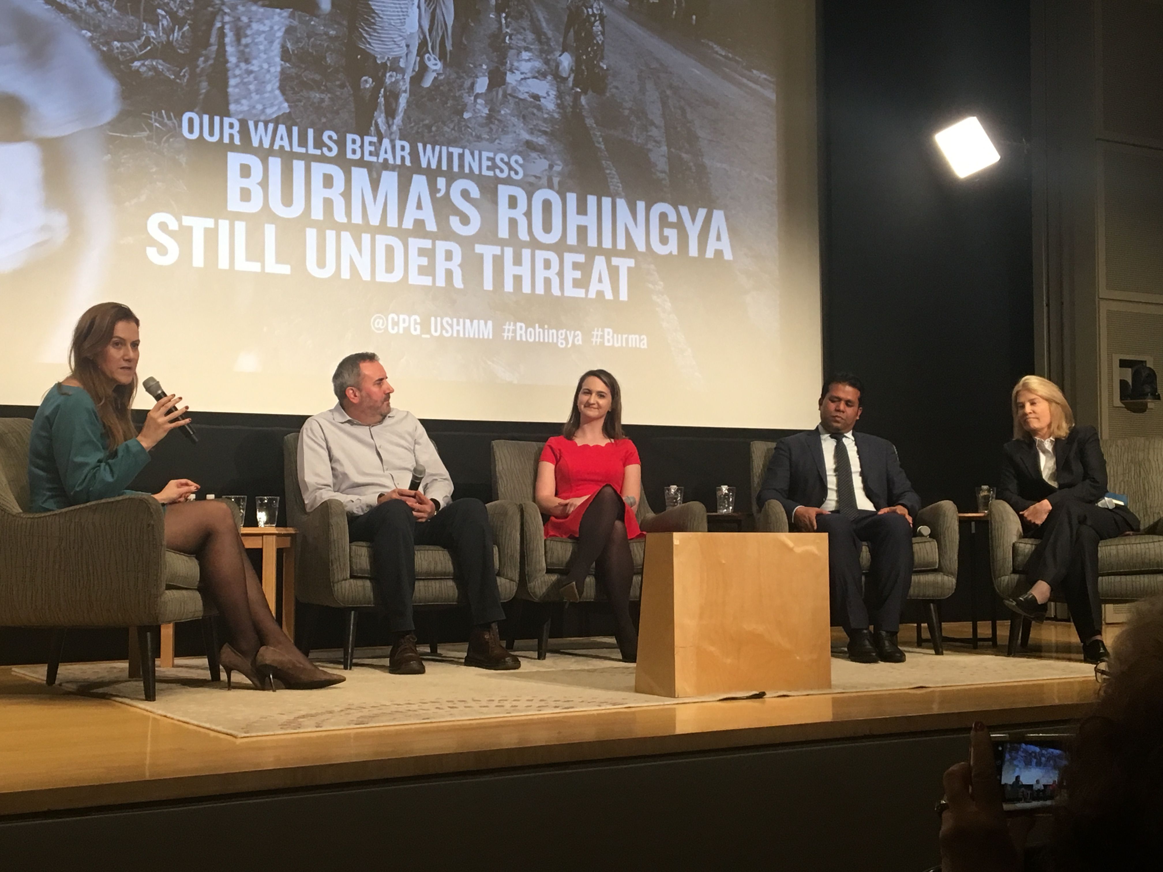 From left to right, Naomi Kikoler, Greg Constantine, Olivia Enos, Tun Khin, and Greta Van Susteren discuss the Rohingya refugee crisis. Image by Karena Phan. United States, 2018.