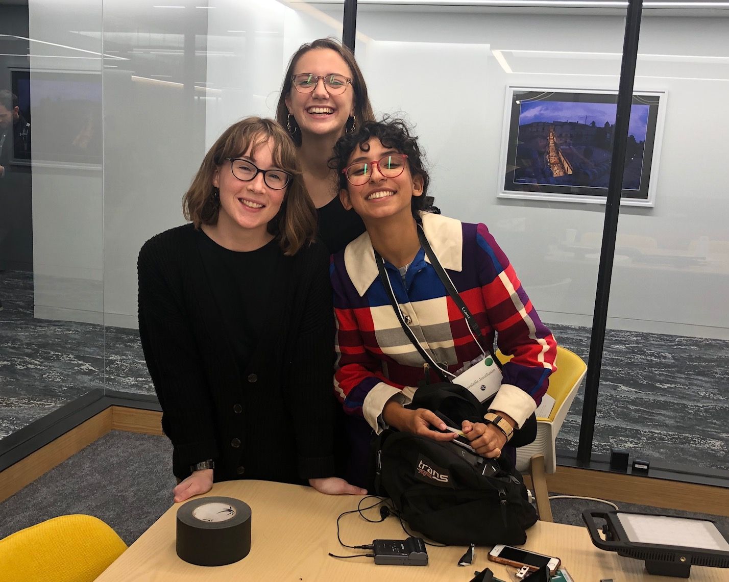 General intern Libby Moeller, multimedia coordinator Claire Seaton, and education intern Meerabelle Jesuthasan at the end of Washington Weekend. Image by Kem Sawyer. United States, 2019.