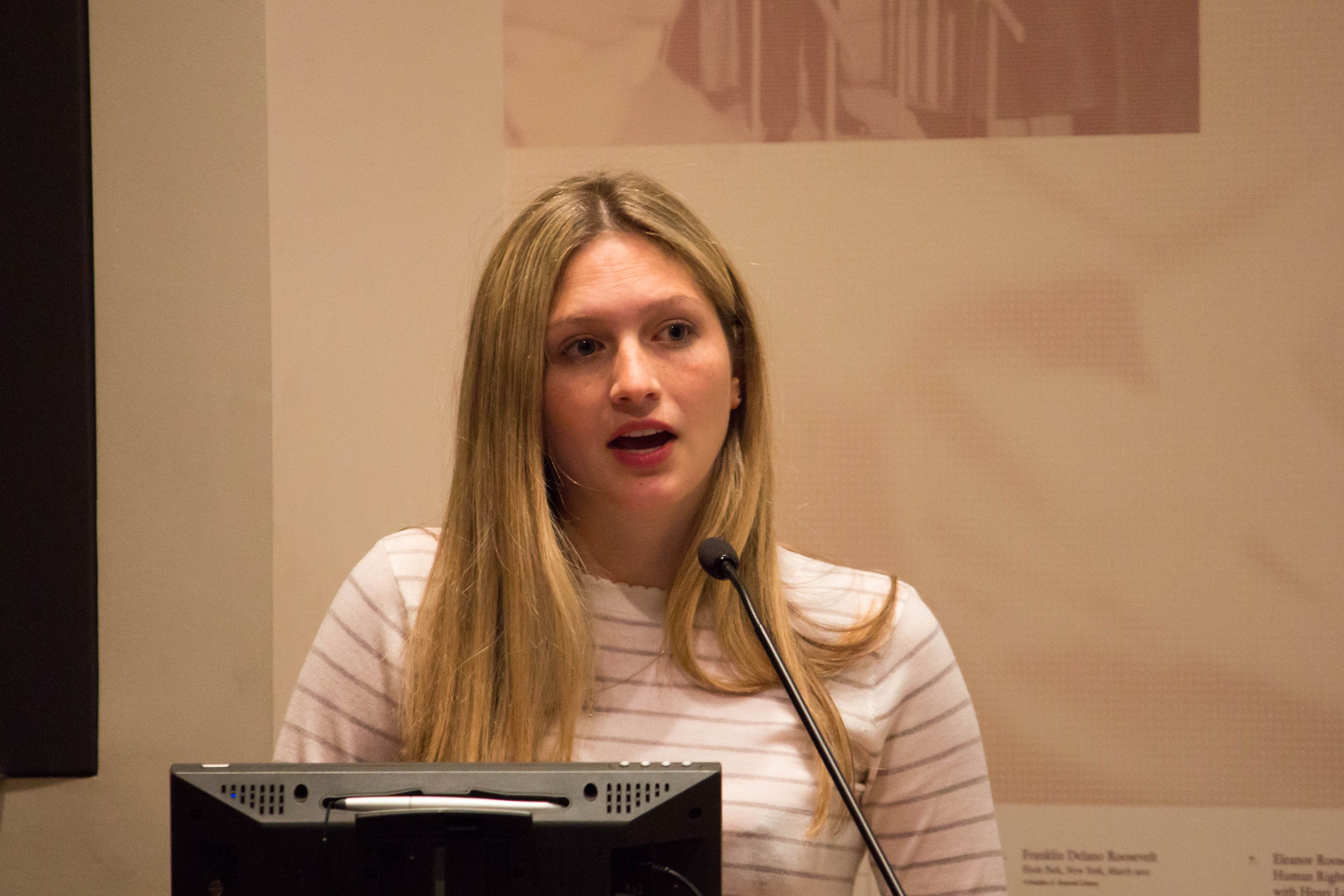 Emily Kassie illuminates the impact of migration on the global economy and areas of refugee exploitation at Roosevelt House in New York. Image by Lauren Shepherd. United States, 2017.