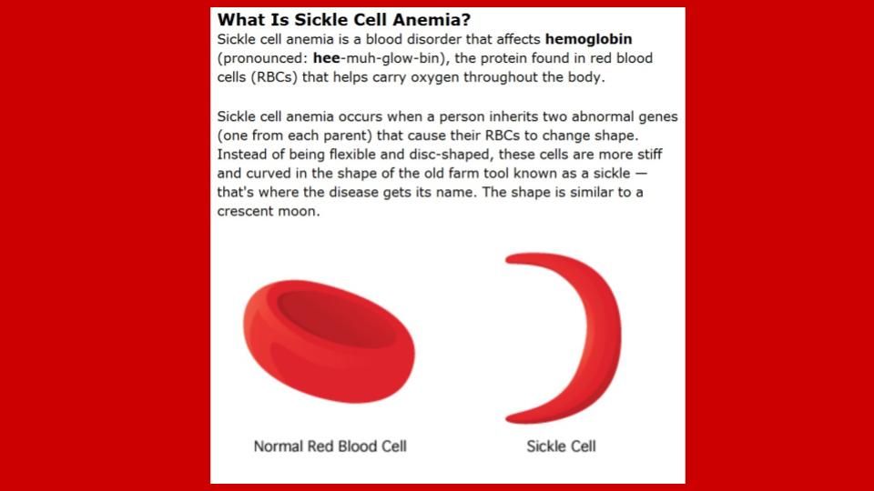 Intro to sickle cell. Image courtesy of Nicole Clark. United States, 2020.