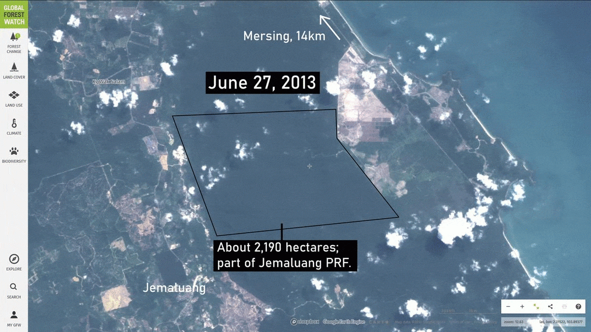 Figure 3: The Jemaluang permanent reserve forest, Johor, before and after its excision in 2015. Image courtesy of Global Forest Watch.