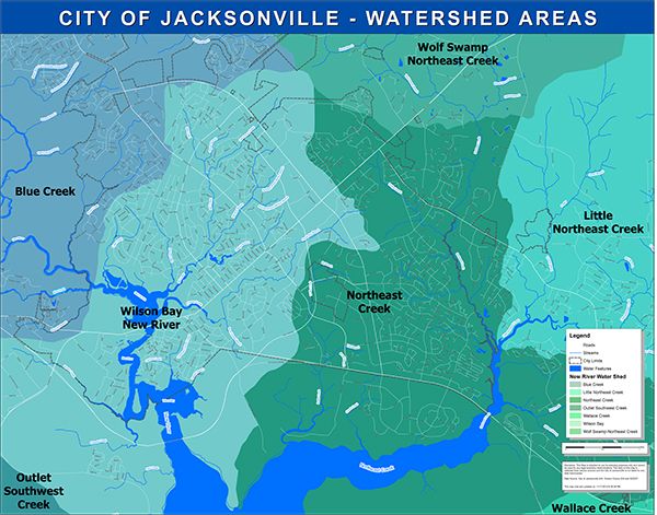 Jacksonville is in the New River watershed and is surrounded by wetlands. Map: City of Jacksonville. Image courtesy of Coastal Review Online.