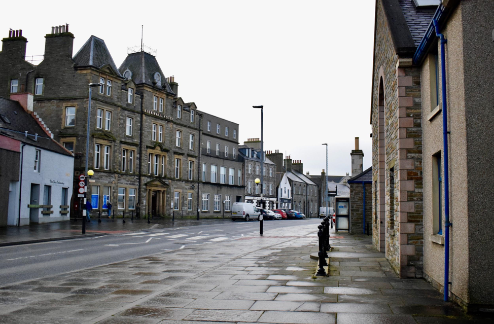 The Kirkwall Hotel is on the harborfront and marks the edge of Kirkwall Town Center. Image by Maggie More. United Kingdom, 2020.