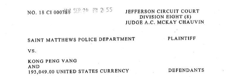 A civil lawsuit filed by St. Matthews Police after seizing suspected drug money. Image from court records.