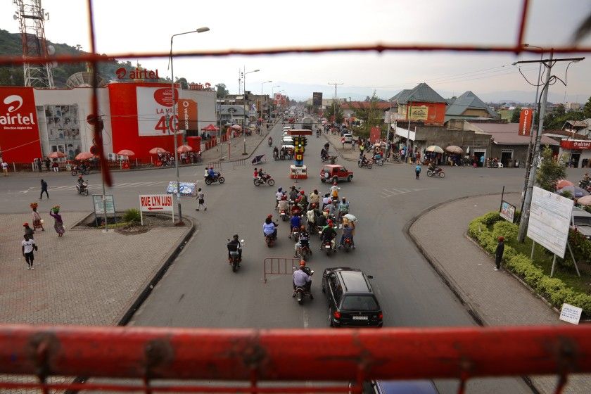 The streets of Goma are filled with motorbike taxis. Image by Peter Yeung / LA Times. Congo, 2020.