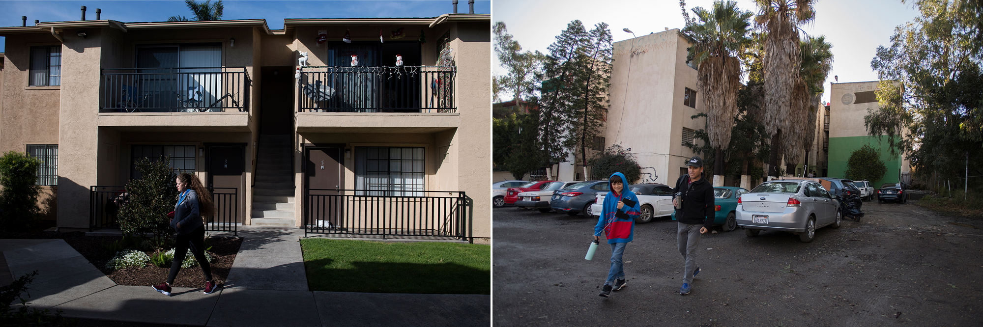 Leslie Flores, left, leaves her family's Chula Vista, Calif., apartment for work as a delivery driver at Domino's on Nov. 26. At right, Edward Flores, 12, heads to work with his father, Ramon on Nov. 29. The younger kids accompany Ramon to work at his job making cabinets in Tijuana because he is concerned about leaving them alone in the apartment. Images by Amanda Cowan. United States / Mexico, 2019.