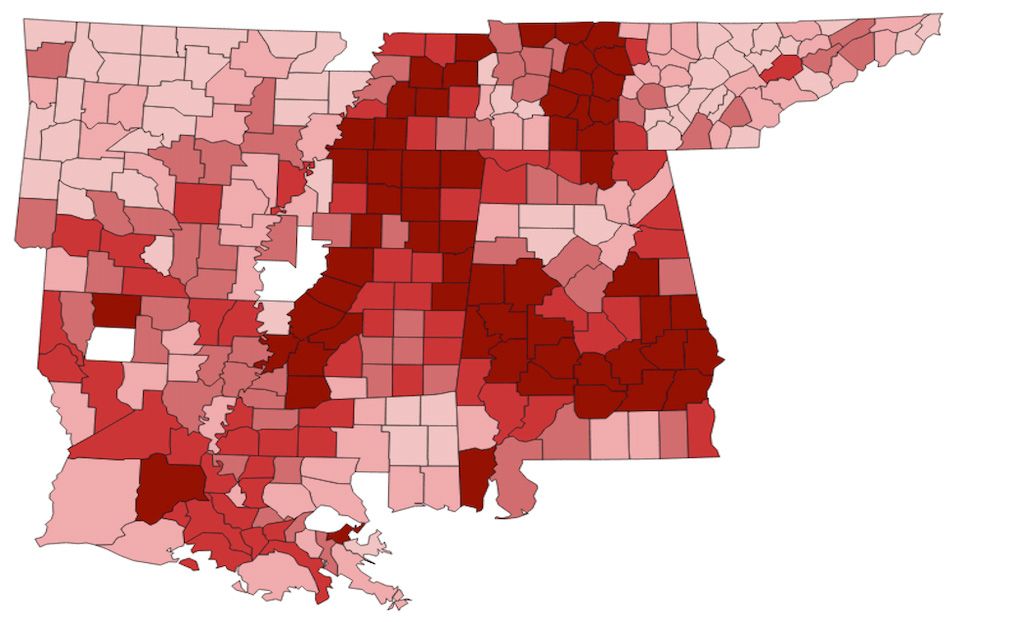 This map depicts the population of those enslaved in 1860; the deeper the red, the higher numbers of those enslaved. Those areas overlap closely with the lack of ICU beds in the above blue map. Sources: 1860 Census, Hope Enterprise maps and data. Map by Kristine de Leon / Mississippi Free Press. United States, undated.
