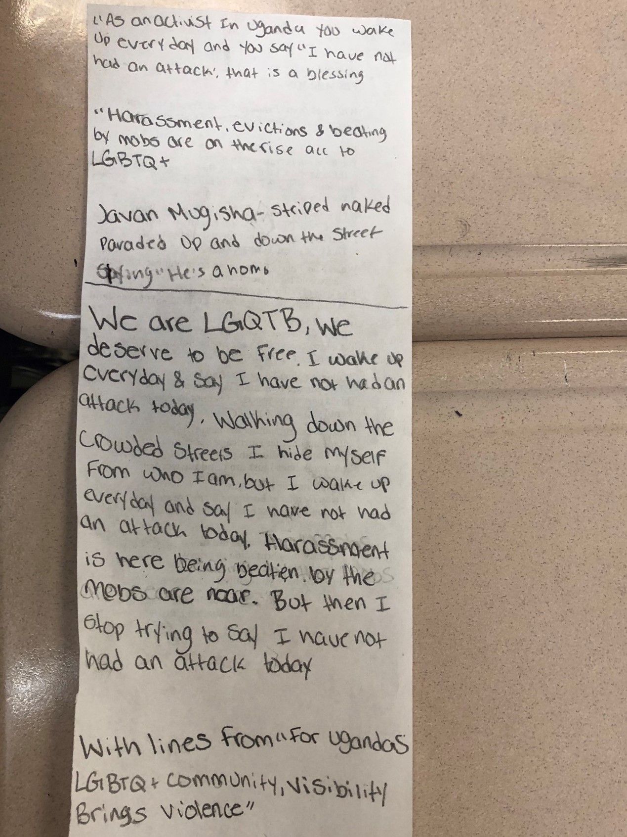 Poem by a 7th grade student at Miles Davis Magnet Academy, written in response to "For Uganda’s LGBTQ+ Community, Visibility Brings Violence" by Jake Naughton. Image by Hannah Berk. United States, 2019.