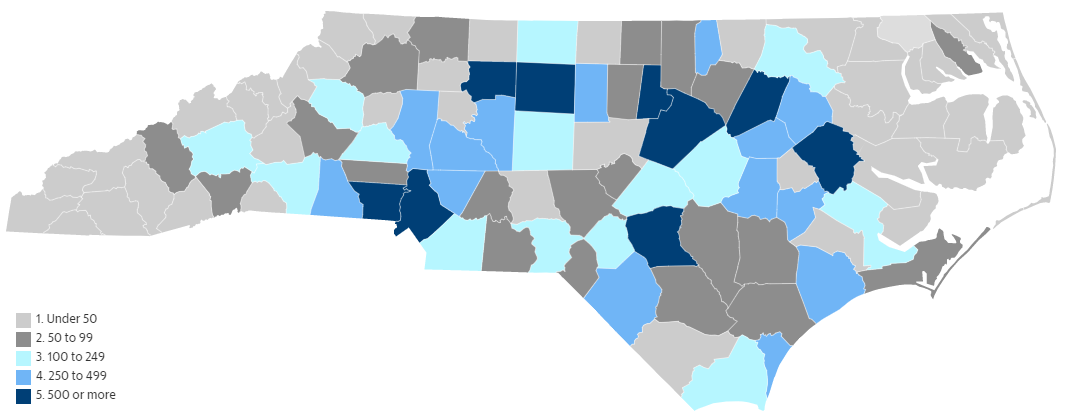NC Eviction Filings: Landlords in North Carolina sought 18,333 evictions from June 24 to September 3, the period in which state and federal moratoriums were not in place. That's half of the number of cases that were filed during the same time period in 2019. The map shows the number of court filings by county in the months between moratoriums. Map by David Raynor / The North Carolina News Collaborative. United States, 2020.

