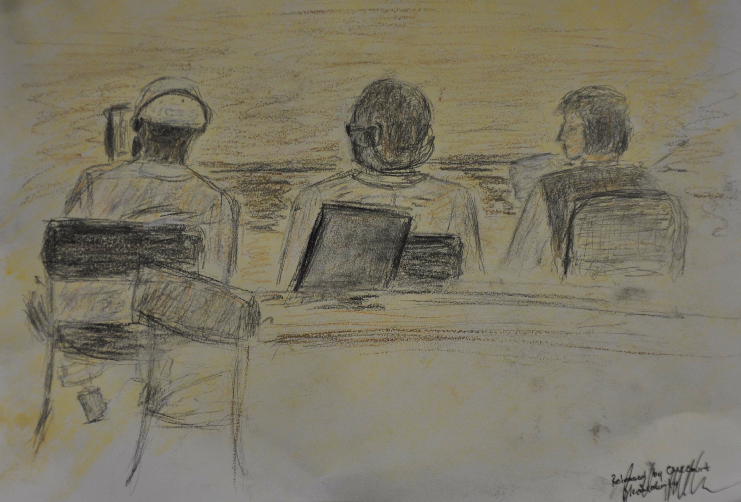 Sketch of: Noor Uthman Mohammed done on Friday, Feb 18, 2011 in courtroom #2, Guantanamo Bay, Cuba, at his sentencing hearing. Noor is flanked by a translator at his right. Far right is Army MAJ Amy Fitzgibbons, Noor's defense attorney. Credit: Army SPEC. Kelly Gary