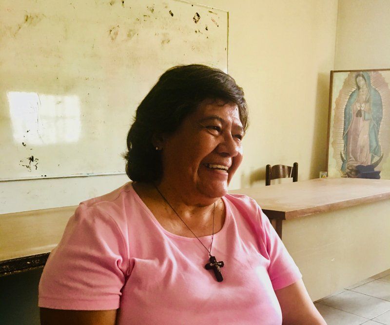 Sister Maria Antonia Aranda in the Juárez church where she works with migrants. Image by Lily Moore-Eissenberg. Mexico, 2019.
