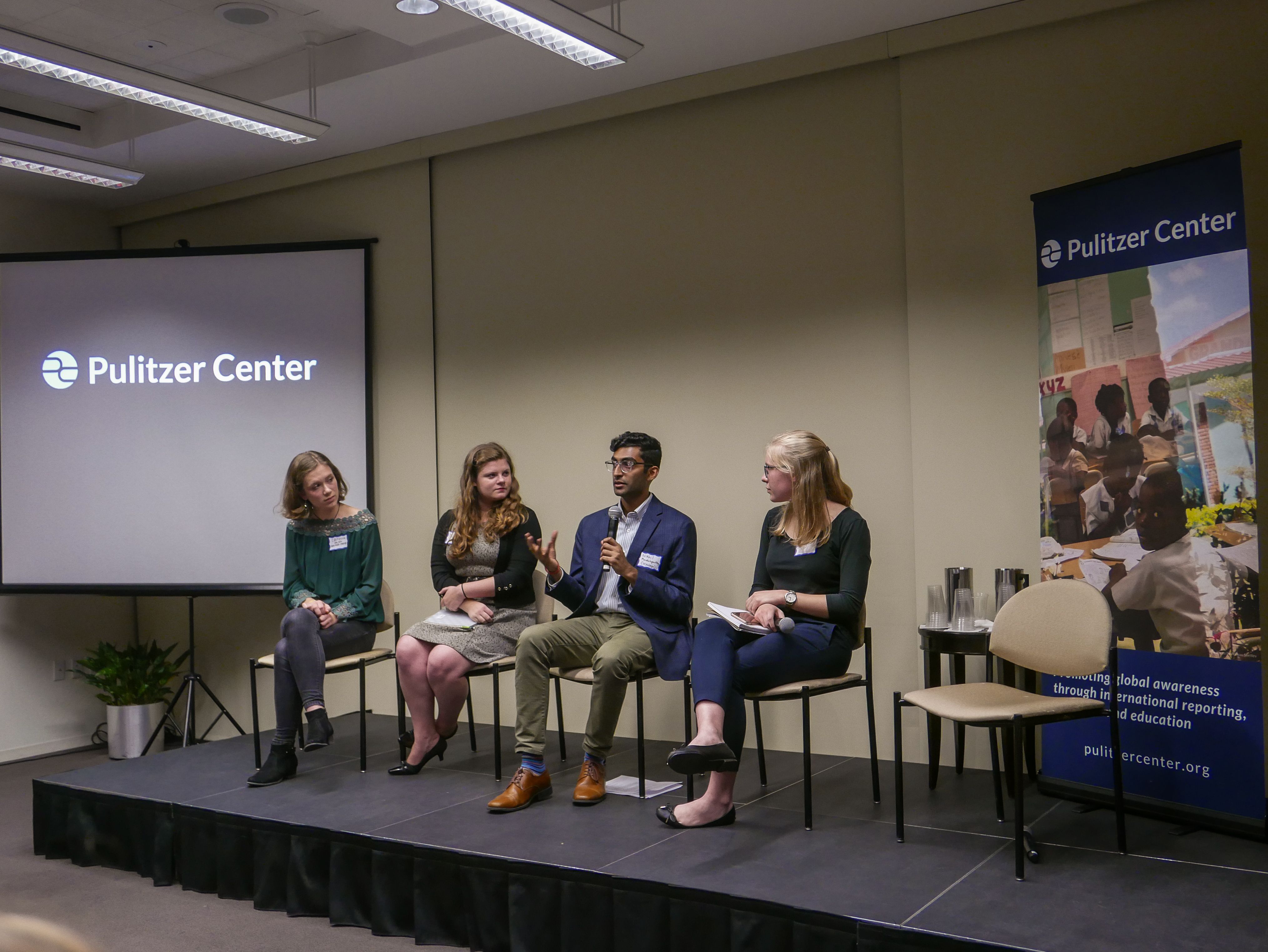 Nikhil Mandalaparthy (University of Chicago) responds to an audience questions alongside fellow panelists Catherine Cartier (Davidson College), Kaitlyn Johnson (Georgetown University), and Lily Moore-Eissenberg (Yale University) during the "Impact of Religion" panel on Day One of Washington Weekend. Image by Meerabelle Jesuthasan. United States, 2019.