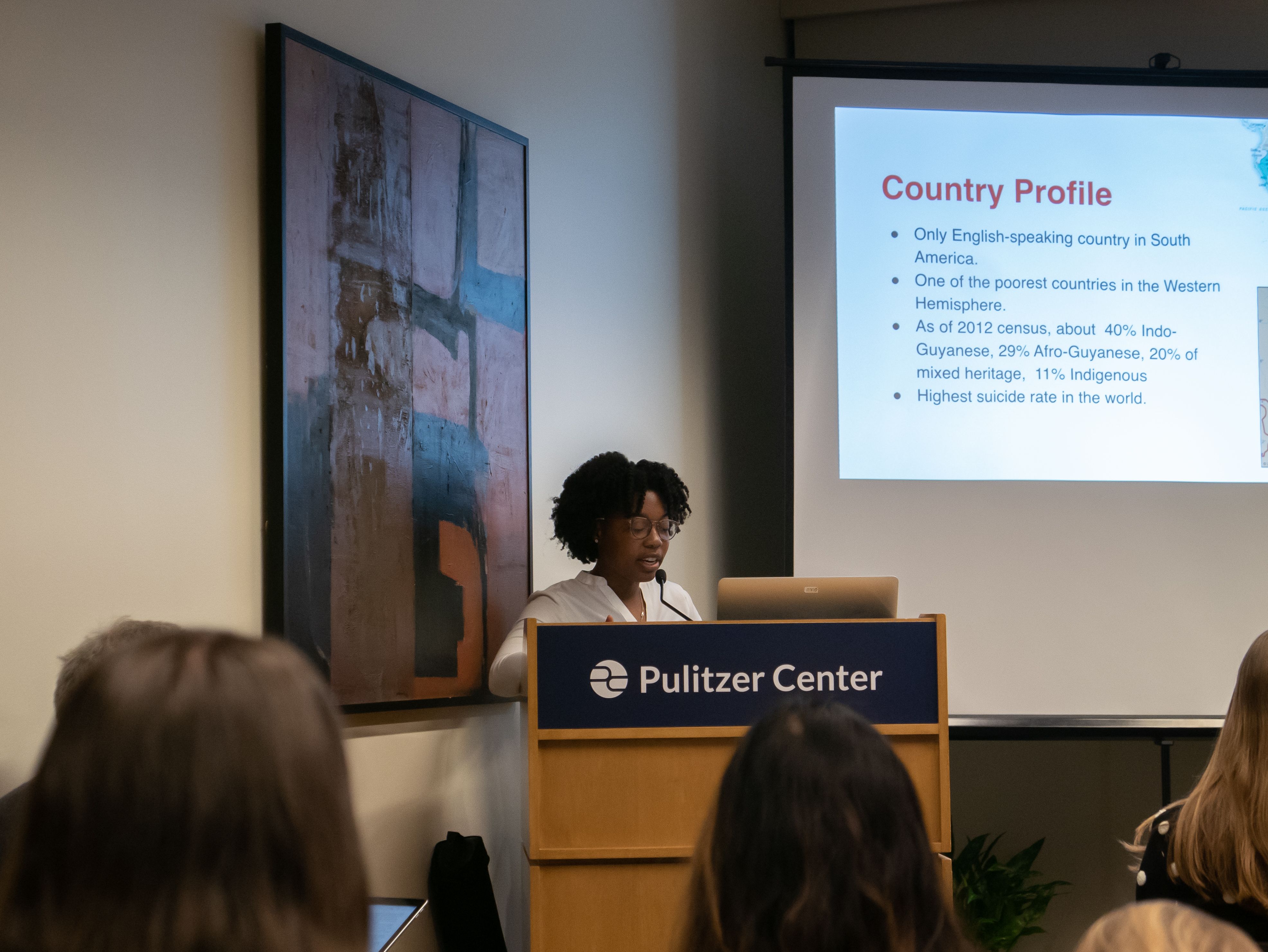 Daja Henry (Howard University) presents pre-reporting on her project "Gender-based Violence in Guyana" during the "Women's Health" panel on Day One of Washington Weekend. Henry will travel to Guyana this winter. Image by Meerabelle Jesuthasan. United States, 2019.
