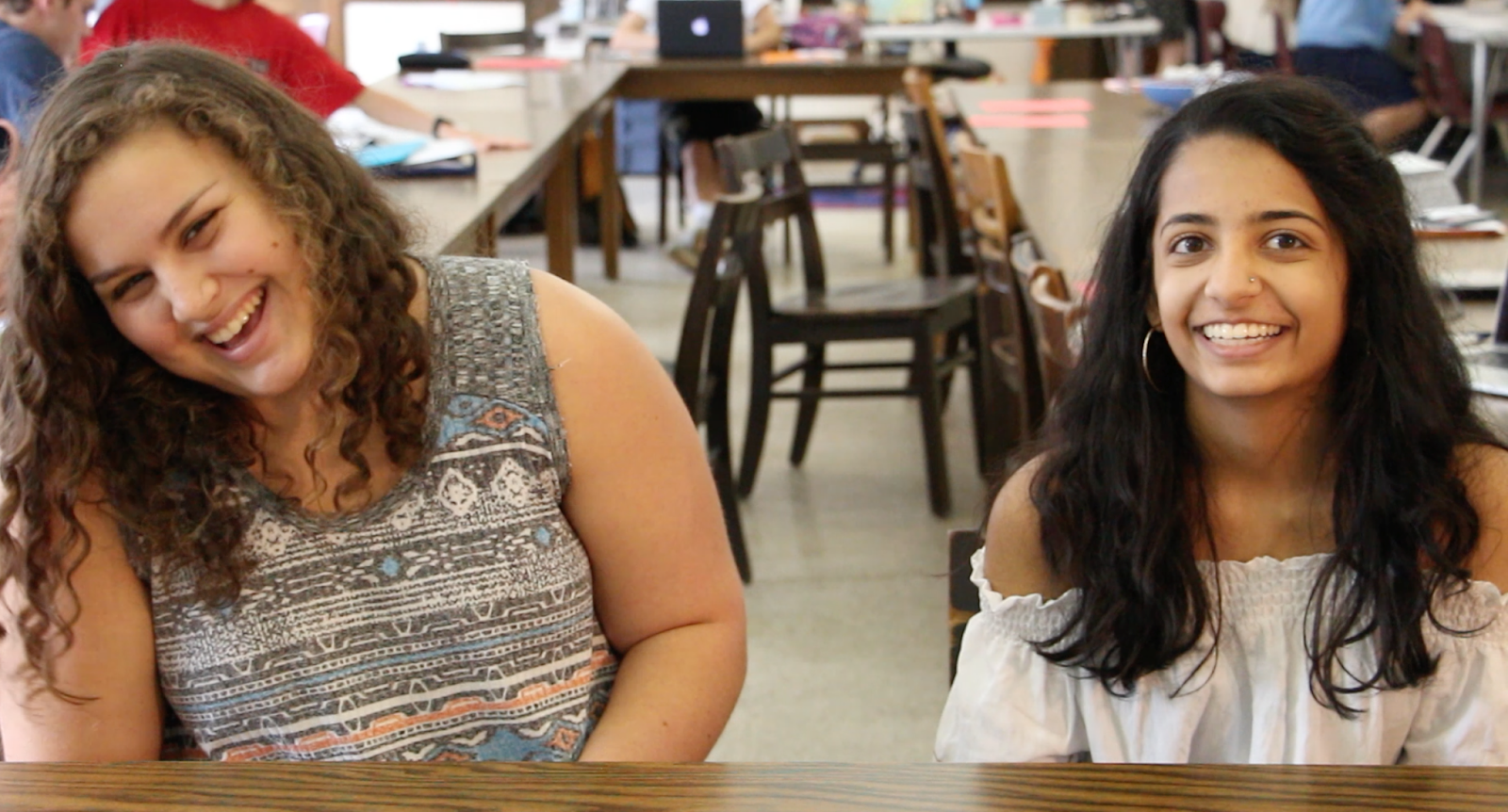 Student journalist Nupur Shaw (right), pictured with classmate Elizabeth Youssef, during the filming of Weaving Connections 2017.