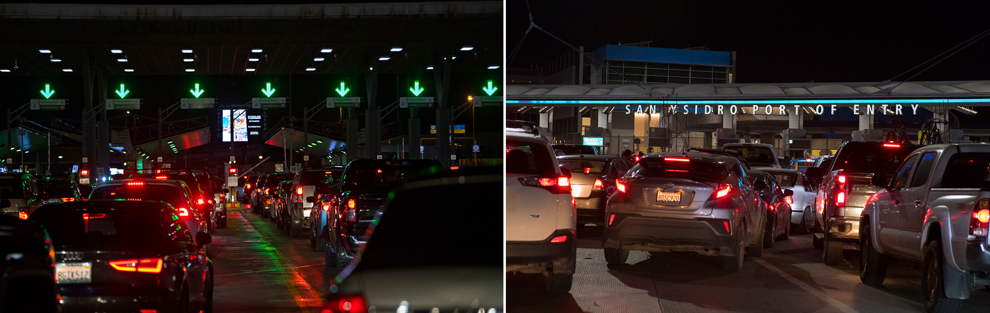 Motorists line up to cross the border into Mexico from California the night before Thanksgiving. At right, the lines on the Mexico side of the border are just as long on Nov. 27. Images by Amanda Cowan. United States / Mexico, 2019.