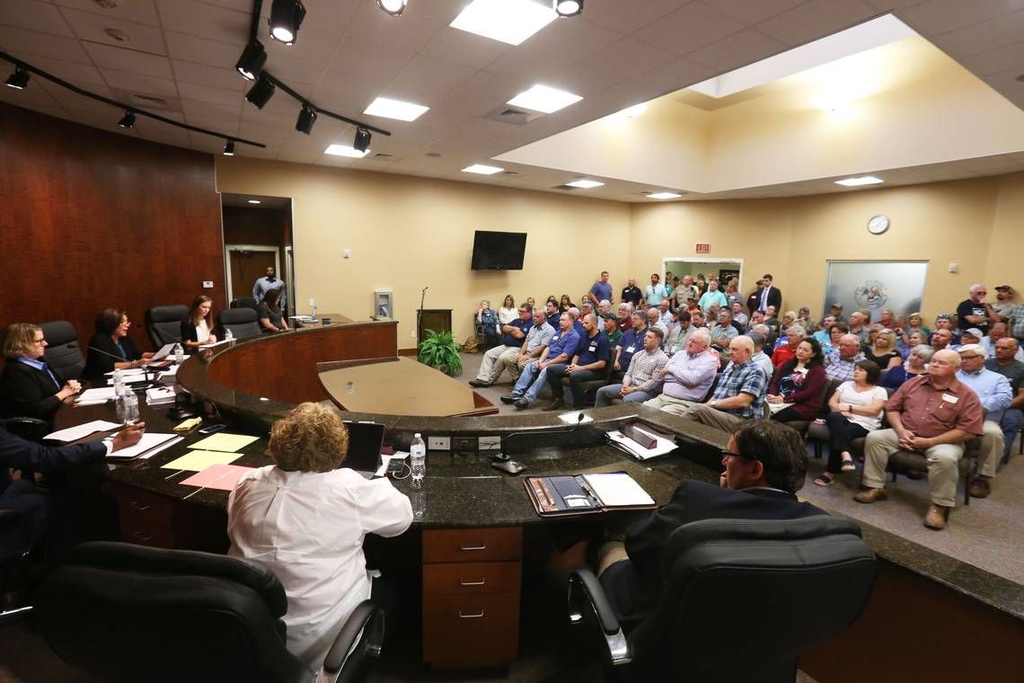 There was standing room only at a public hearing in Lucedale Tuesday, May 14, 2019, for a proposed wood pellet plant environmental permit in George County. If approved, the Enviva pellet plant would be the largest in the nation. Image by Alyssa Newton. United States, 2019.