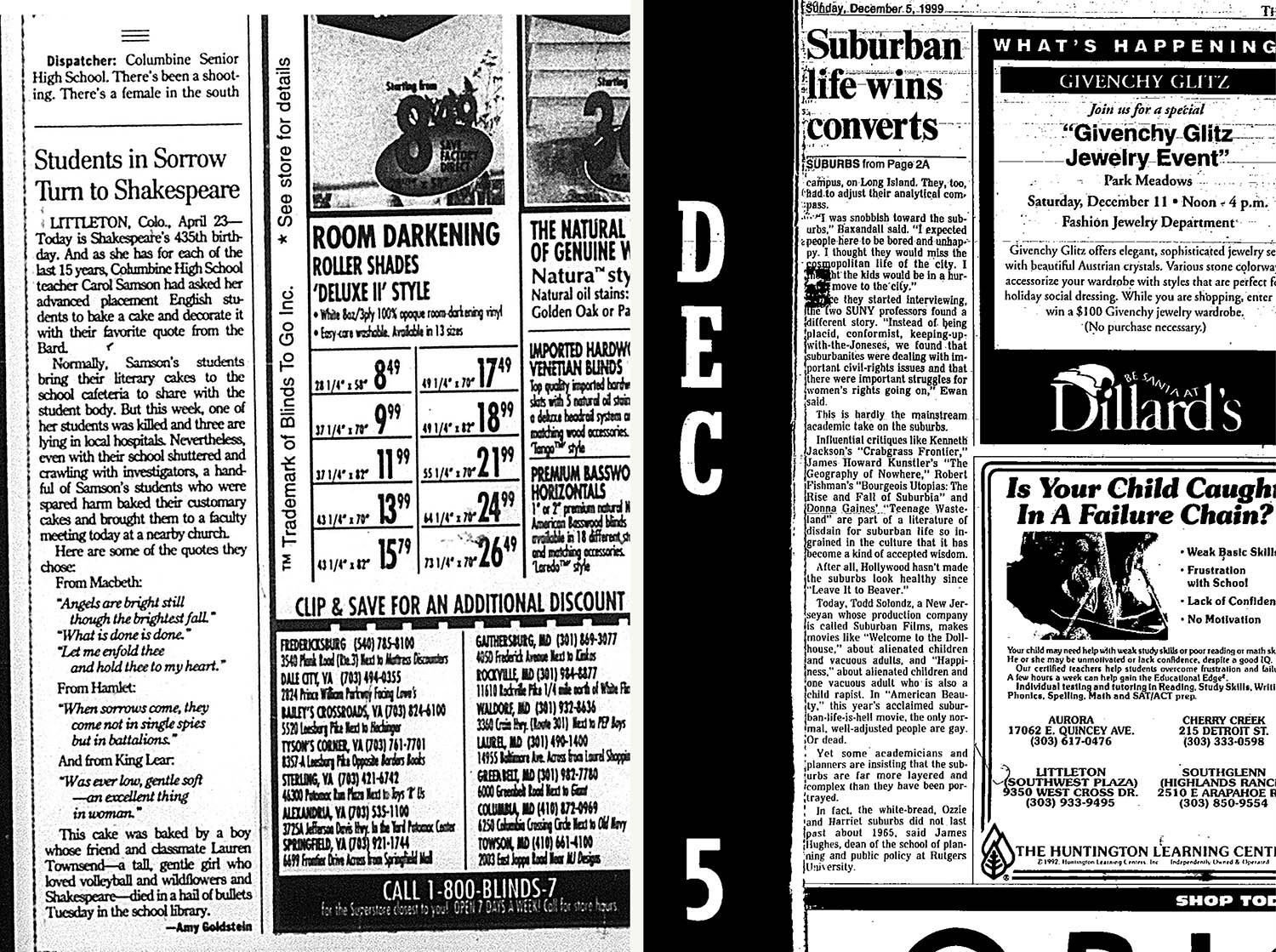 (L): The Washington Post, April 24, 1999. (R): The Denver Post, December 5, 1999. (R): Nieman Reports, September 15, 2005. Image by Andres Gonzalez. 