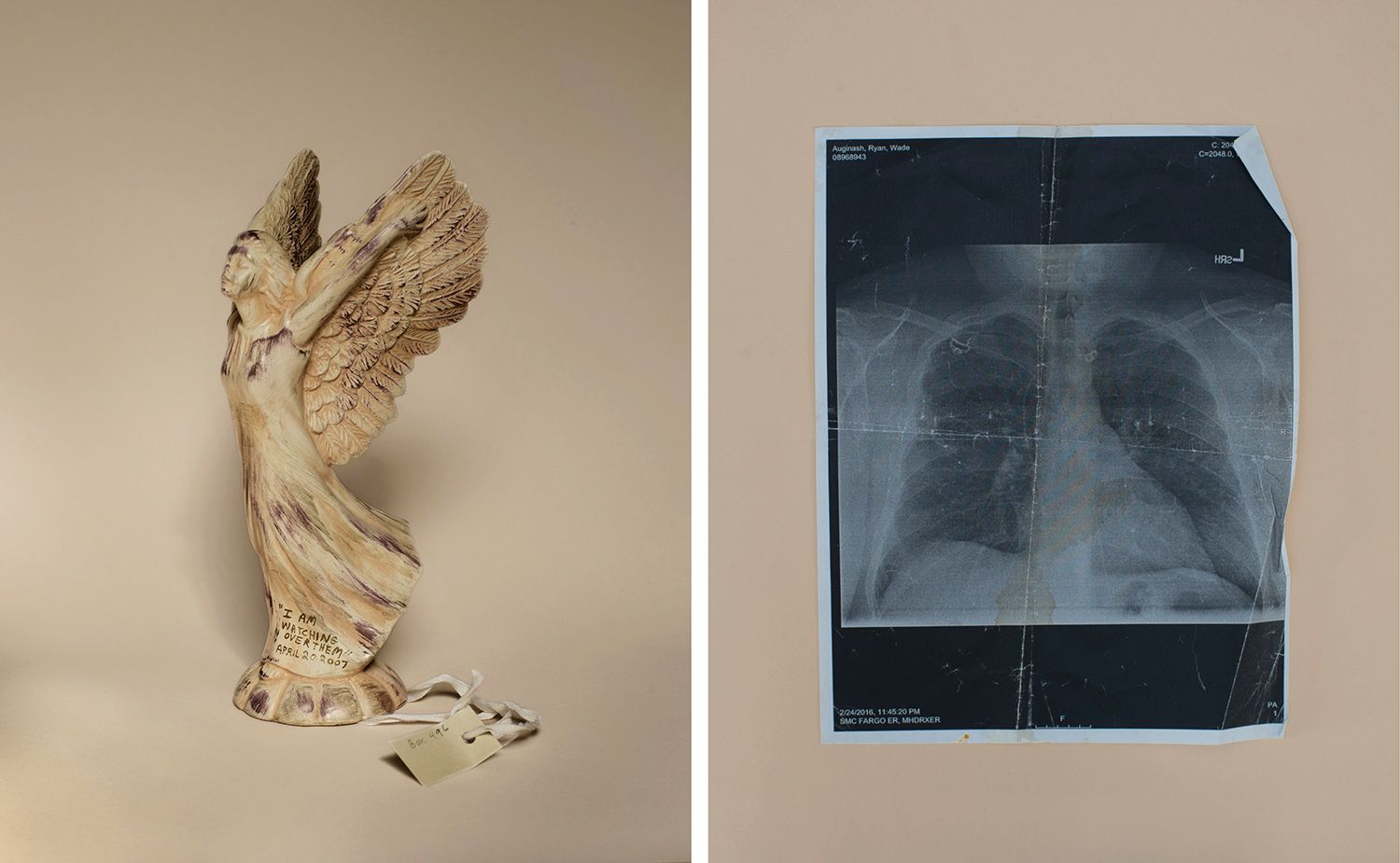(L): Angel: Item from the April 16, 2007, Condolence Archives, Virginia Tech Special Collections Library. Blacksburg, VA. (R): Chest x-ray, Ryan Auginash. Image by Andres Gonzalez. Virginia, 2018.