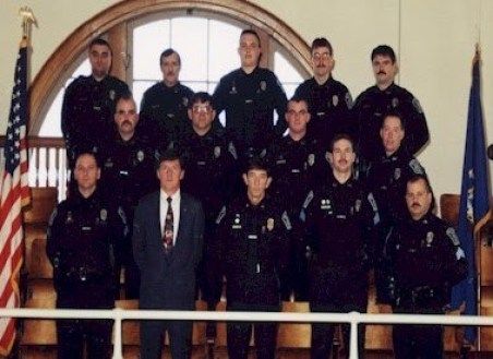 In the front row, on the left, Sgt. Hart Daley and Lt. Wayne Gallant are pictured in this December 1999 Rumford Police Department photo. Daley and Gallant knew each other professionally for a couple of decades. Daley joined the Oxford County Sheriff’s Office as a captain in 2006, the same year Gallant was elected sheriff. Image courtesy of the Rumford Police Department.
