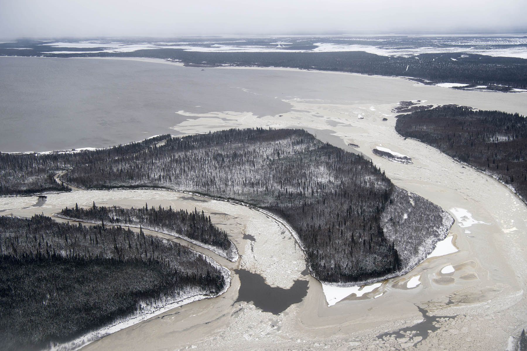 The waters from the Churchill River converge with the water from Lake Melville near Happy Valley-Goose Bay, Labrador. Image by Michael Seamans / The Weather Channel. Canada, 2019.