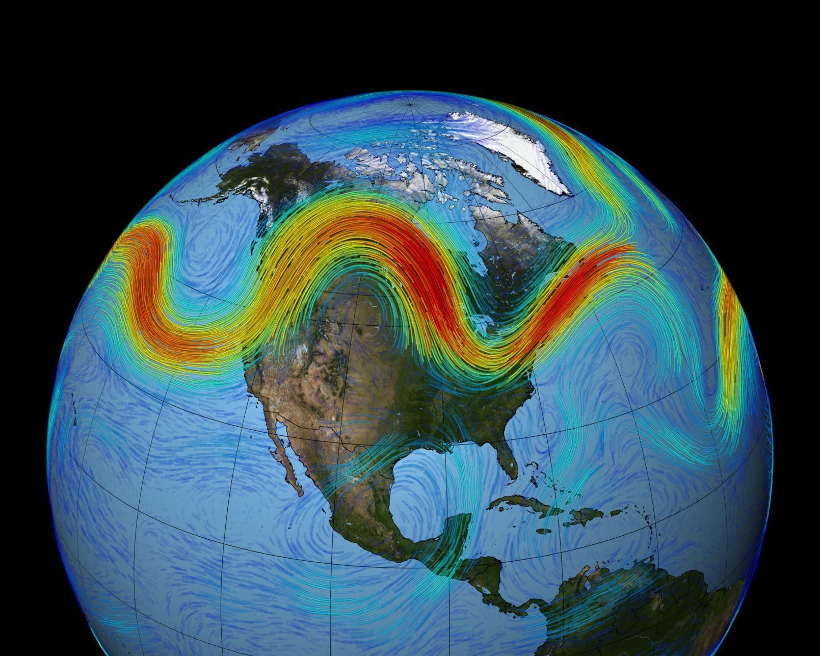 Meandering around the planet like a roller coaster in the sky, the jet stream is a fast-moving belt of westerly winds. It’s created by the convergence of cold air masses descending from the Arctic and rising warm air from the tropics, its momentum accelerating because of the Earth’s rotation. Graphic courtesy of NASA.
