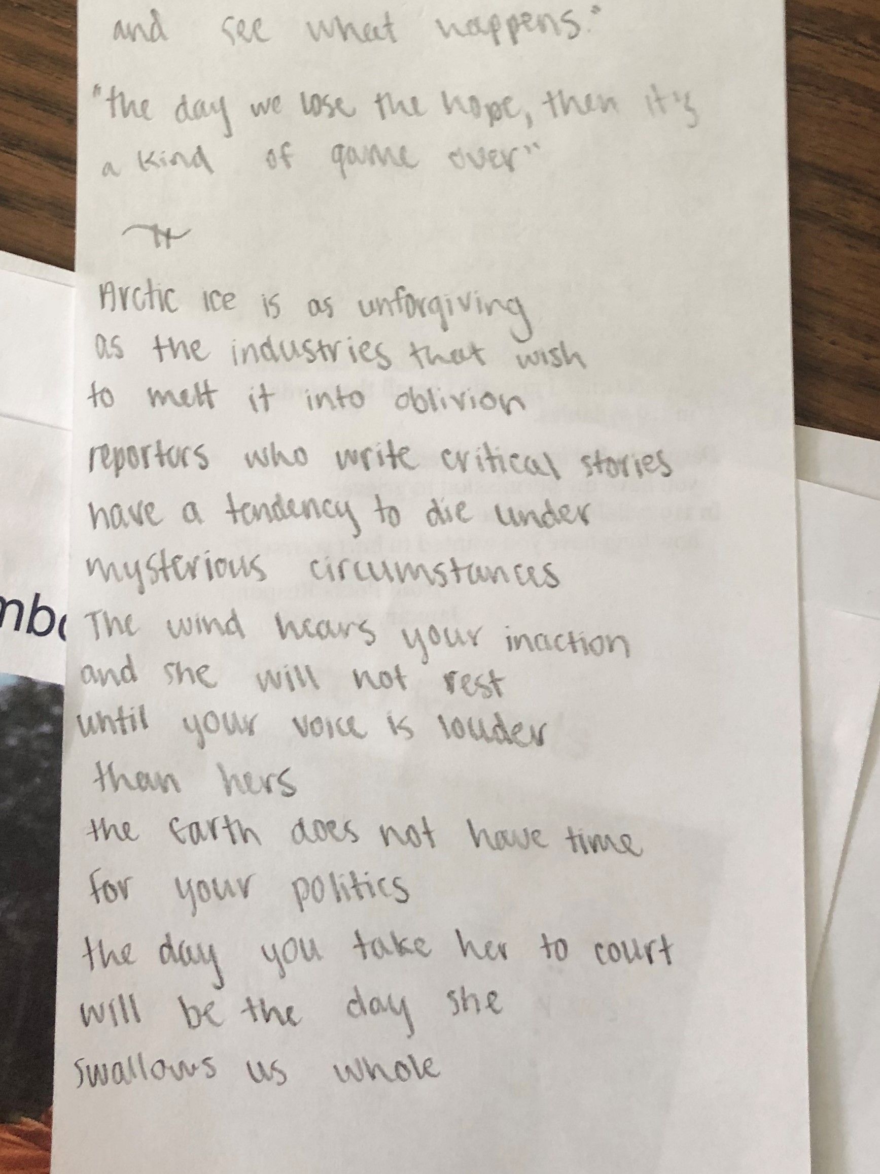 Poem by a student at RJ Reynolds High School, written in response to "An Environmental Newspaper Fights for Press Freedom in the Russian Arctic" by Amy Martin. Image by Hannah Berk. United States, 2019.